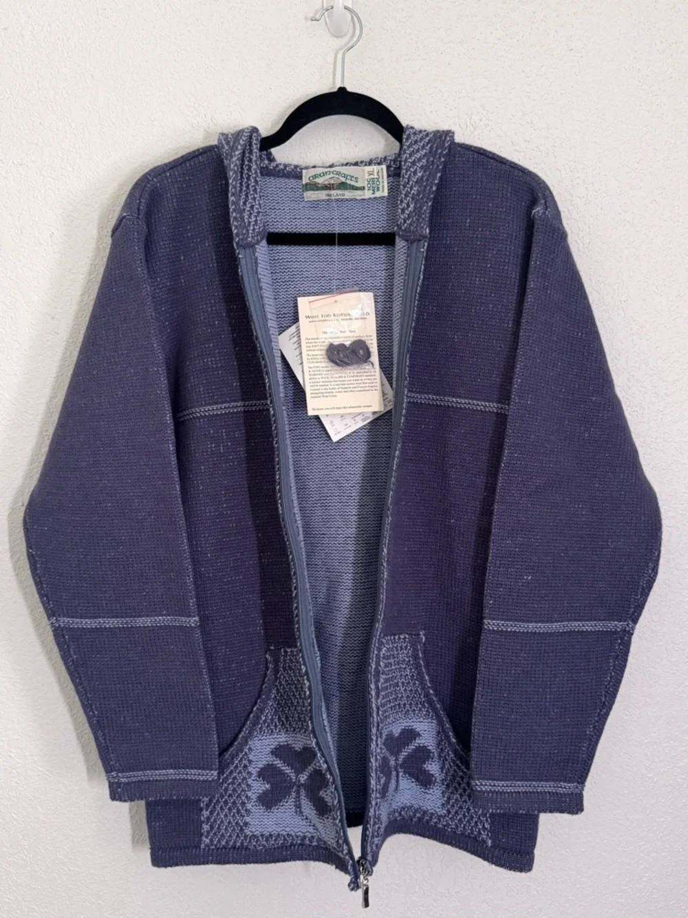 Aran Crafts 100% Merino Wool Full Zip Shamrock Clover Hooded Sweater Blue XL NEW